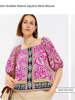 LOFT Fuchsia Floral Square-Neck Bubble Sleeve Blouse